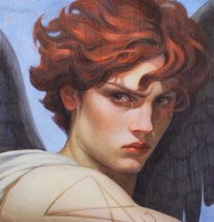 a drawing of an angel with red hair and black wings on his chest, looking at the camera