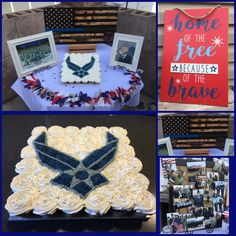 four pictures of patriotic themed cakes on display at an outdoor event, with the words home of the free because of the brave