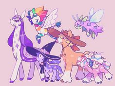 the pony family is all dressed up in their favorite outfits and colors, including pink, purple