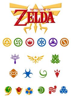 the legend of zelda logo is shown in different colors and shapes, including symbols