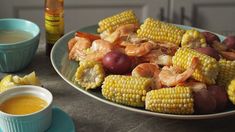 corn on the cob with shrimp and potatoes