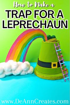 This image shows a leprechaun trap that looks like a leprechaun's hat, with a colorful ladder leading to the top. The opening of the hat is filled with gold coins and glitter clovers, and a rainbow with a cotton ball cloud comes down from the opening. Diy Leprechaun Trap, Make A Leprechaun Trap, Make A Leprechaun, Diy Leprechaun, Kids Crafts Ornaments, Kids Craft Storage, Cardboard Crafts Kids, Craft App, March Crafts