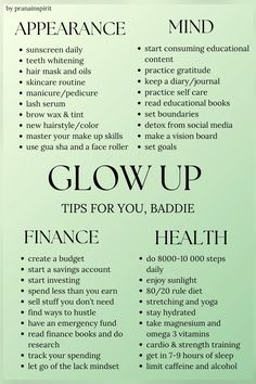 Become the best version of yourself glow up in all areas in your life. How to look good, feel good, become confident. Glow up physically, mentally, financially while staying healthy. #glowing #glowup #glowupchallenge #glowupchecklist #glowuptips #makeup #appearance #attraction #attractive #financialplanning #financiallyfree #mindsetiseverything #mindset #mindsetmatters #mindsetshift #mindsetgrowth #mindsetreset #mindsetofgreatness Glow Up Financially, How To Glow Up Mental Health, Glow Up Tips Physical, Physical And Mental Glow Up, How To Glow Up Physically And Mentally, Tips To Glow Up Mentally And Physically, Confidence Glow Up, Personal Glow Up, September Glow Up