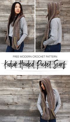 a woman wearing a hooded pocket scarf with the text, free modern crochet pattern