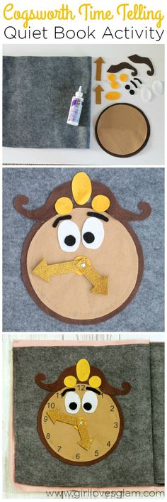 Cogsworth Time Telling Quiet Book Activity on www.girllovesglam.com Princess Quiet Book, Princess Crafts, New Disney Movies, Disney Classroom, Tema Disney, Beauty And The Beast Party, Quiet Book Patterns, Activities For Boys, Quiet Activities