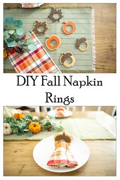 two plates with pumpkin rings on them and the words diy fall napkin rings