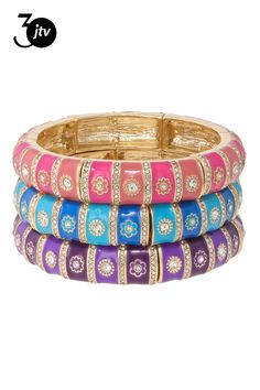 Off Park�� Collection, White Crystal & Multi-Color Enamel Gold Tone Stretch Bangle Bracelet Set of 3. One Bangle Measures Approximately 0.53"W. Bangle Bracelet Set, White Crystal, Gold Enamel, Stretch Bracelet, Stretch Bracelets, Bangle Bracelet, Bracelet Set, Bangle Bracelets, Gold Tones