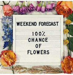 a sign that says weekend forecast with flowers around it and the words'100 % chance of flowers '