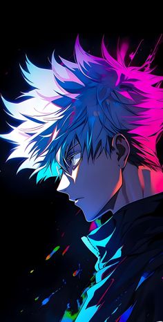 an anime character with colorful hair and blue eyes looking to the side in front of a black background