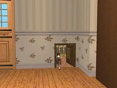 a dog is walking through an open door in a room with wooden floors and walls