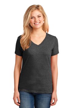 Port & Company ® Ladies Core Cotton V-Neck Tee. LPC54V - DARK HEATHER GREY - XS | Port & Company Women's Core Cotton V-Neck Top in Dark Heather Grey Size XS | Polyester Blend V Neck T Shirts, Work Wear Women, Shirts For Women, Woven Dress, V Neck Tee, V Neck Tops, 50 50, Heather Gray, Heat Transfer