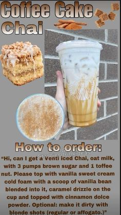 an advertisement for coffee cake chai with instructions