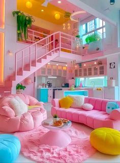 a living room filled with lots of pink furniture and colorful pillows on top of it