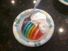 a bowl with ice cream and a spoon in it