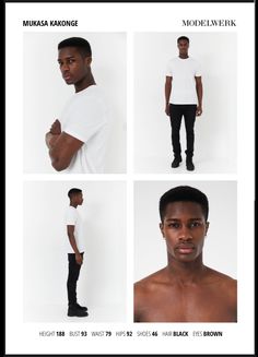 four photos of men in white shirts and black pants, all with no shirt on