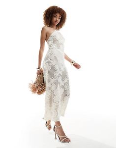 Spring Fitted Crochet Dress With Spaghetti Straps, Fitted Crochet Dress With Spaghetti Straps For Spring, Fitted Spring Crochet Dress With Spaghetti Straps, Spring Cream Backless Maxi Dress, Spring Lace Halter Neck Maxi Dress, Spring Lace Crochet Maxi Dress, Summer Fitted Lace Maxi Dress, Chic Lace Halter Neck Maxi Dress, Lace Halter Neck Maxi Dress