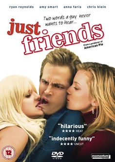 the movie poster for just friends with two women kissing and one man looking at her