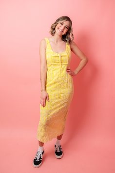 Add some zest to your wardrobe with our Lemon Drop Maxi Dress. Feminine and chic, this dress features a bright yellow hue in a cotton eyelet fabric. Perfect for weddings or brunches, with an invisible back zipper and sleeveless cut for a romantic touch. FABRIC: Self: 50% Cotton 50% Polyester, Lining: 100% Rayon SIZING: true to size, model is wearing size small Dress Feminine, Eyelet Fabric, Lemon Drop, Bright Yellow, A Romantic, Hair Jewelry, Sunglasses Accessories, Dress Skirt, Best Gifts