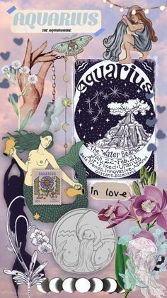 a collage of various items including flowers and other things in the sky with words on them