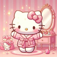 a hello kitty character is standing in front of a mirror and vanity with pink accessories