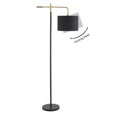 a floor lamp with a black shade on the base and a light bulb attached to it