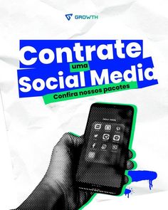 a hand holding a cell phone in front of a white paper with the words contrate social media on it