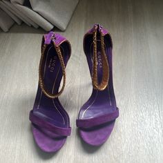 Worn Several Times But Still In Good Condition! Purple Suede With Gold Strap And Heel Luxury Purple Open Heel Heels, Designer Purple Open Toe Heels, Designer Open Heel Purple Heels, Designer Purple Open Heel Heels, Luxury Purple Evening Heels, Designer Purple Heels For Party, Shoes Gucci, Purple Suede, Gucci Shoes