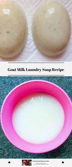 two pictures showing how to make goat milk laundry soap recipe in one bowl and the same product on the other