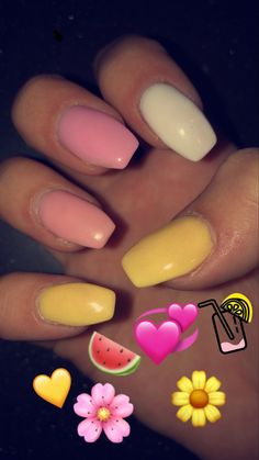 Pink White And Yellow Nails, Acrylic Dip Powder Nails, White And Yellow Nails, Pink Lemonade Nails, Different Color Nails, Nail Picking, Natural Nail Designs, Awesome Nails, Color Nails