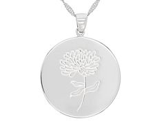 Rhodium Over Sterling Silver Round November Chrysanthemum Birth Flower Pendant With 18" Singapore Chain. Measures Approximately 1.29"L x 0.98"W And 3mm Bail. Lobster Claw Clasp Closure With 2" Extender. Silver Hypoallergenic Flower Necklace, Silver Round Disc Jewelry With Birth Flower, Silver Jewelry With Birth Flower On Round Disc, Silver Medallion Necklace With Flower Charm, Silver Medallion Necklace With Birth Flower, Mother's Day Silver Flower Necklace With Round Pendant, Silver Engraved Flower-shaped Necklace, Silver Engraved Flower Shaped Necklace, Silver Flower Necklace With Round Pendant For Anniversary