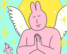 a pink bunny with white wings sitting in front of a blue background and yellow stars