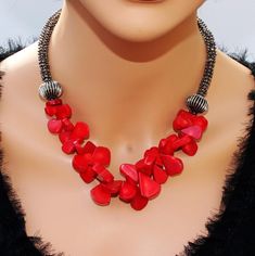 Red coral statement necklace beaded genuine italian coral | Etsy Unique Red Necklaces For Valentine's Day, Red Bib Necklace As Gift, Unique Red Coral Beaded Necklace As Gift, Elegant Red Bib Necklace, Red Coral Necklace, Chunky Statement Necklace, Artisan Gift, Coral Necklace, Cluster Necklace