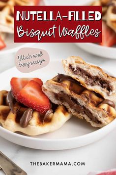 a white plate topped with waffles covered in chocolate and strawberries next to a fork