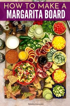 the cover of how to make a margarita board with different types of food and drinks