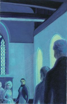 a drawing of people standing in front of a stained glass window and looking at each other