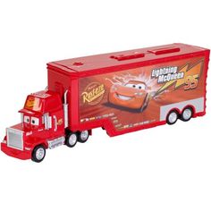 the toy truck is red and has lightning on it's side, as well as cars