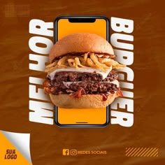 an advertisement for burger king featuring a large hamburger with fries on it