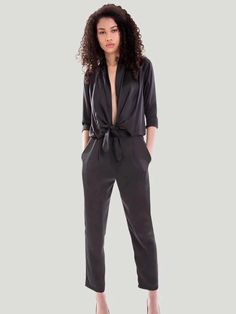 Overlover Stina Jumpsuit Draped Neckline, Long Jumpsuits, Draped Fabric, Black Satin, Black Fabric, Timeless Design, Night Out, Tights, Dress Up