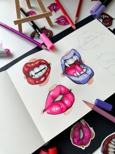 several different colored lips drawn on paper with crayons and pencils next to them