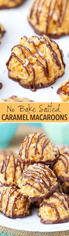 chocolate drizzled coconut cookies on a plate with the words no - bake caramel macaroons