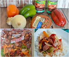 four pictures with different types of food on them including rice, peppers, and sausage