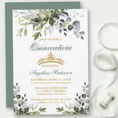 an elegant quinceaueria birthday party with greenery and gold foil on the front