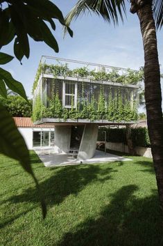 the house is surrounded by greenery and has an unusual roof that wraps over it