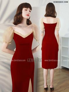 10% off now|Sheath Burgundy Red Wedding Party Dress with Bubble Sleeves at GemGrace. Click to learn our pro custom-made service for wedding dress, formal dress. View Wedding Guest Dresses for more ideas. Stable shipping world-wide. Red Wedding Party, Burgundy Red Wedding, Red Midi Dress Bodycon, Trendy Dress Styles, Cheap Homecoming Dresses, Homecoming Dresses Long, Red Bodycon Dress, Wedding Party Dress, Semi Formal Dresses