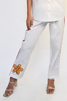 White cotton shirt with sequins hand embroidered small flower and butterfly and tape detailing. Comes with straight pant. - Aza Fashions White Embroidered Pant Set For Spring, White Cotton Sets With Straight Pants, Spring White Embroidered Pant Set, Summer Cotton Pant Set With Chikankari Embroidery, Cotton Straight Pant Set For Summer, White Cotton Pant Set For Summer, Fitted White Cotton Pant Set, Summer Embroidered Cotton Pant Set, Embroidered Cotton Sets With Straight Pants