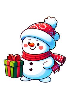 a cartoon snowman holding a gift box