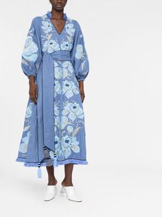 Yuliya Magdych floral-jacquard Linen Midi Dress - Farfetch Yuliya Magdych, True Summer, Midi Dress Blue, Linen Midi Dress, Versace Outfit, City Dress, Floral Jacquard, Insta Inspo, Summer Beach Wear