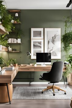 a home office with green walls and plants on the shelves, along with a computer desk