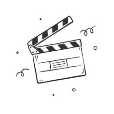 a black and white drawing of a movie clapper on a white background with bubbles