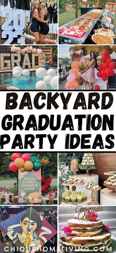 the back yard graduation party is filled with balloons, cake and desserts for guests to enjoy